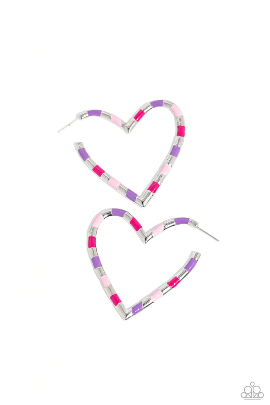 Paparazzi Striped Sweethearts - Pink Heart Earrings