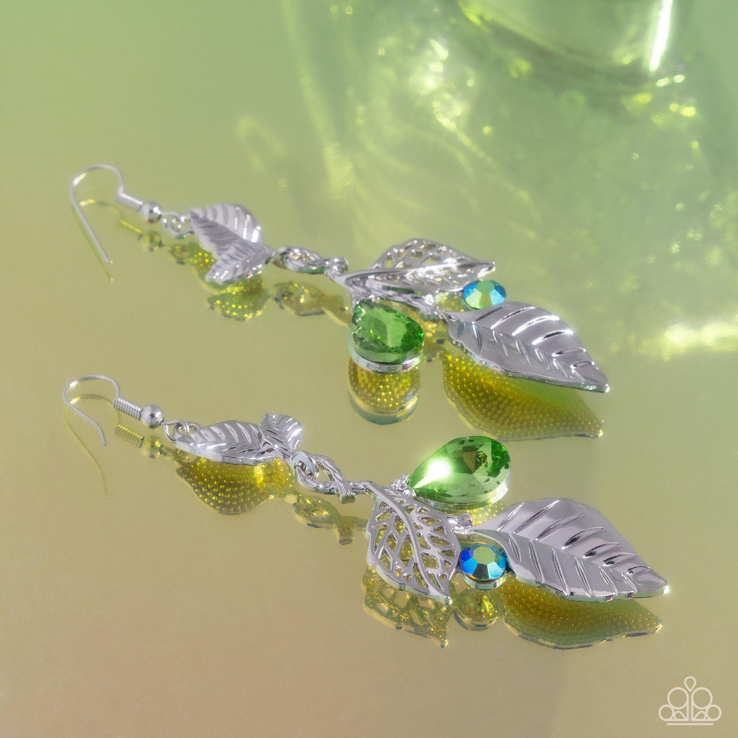 Paparazzi Descending Dazzle - Green Leaf Earrings
