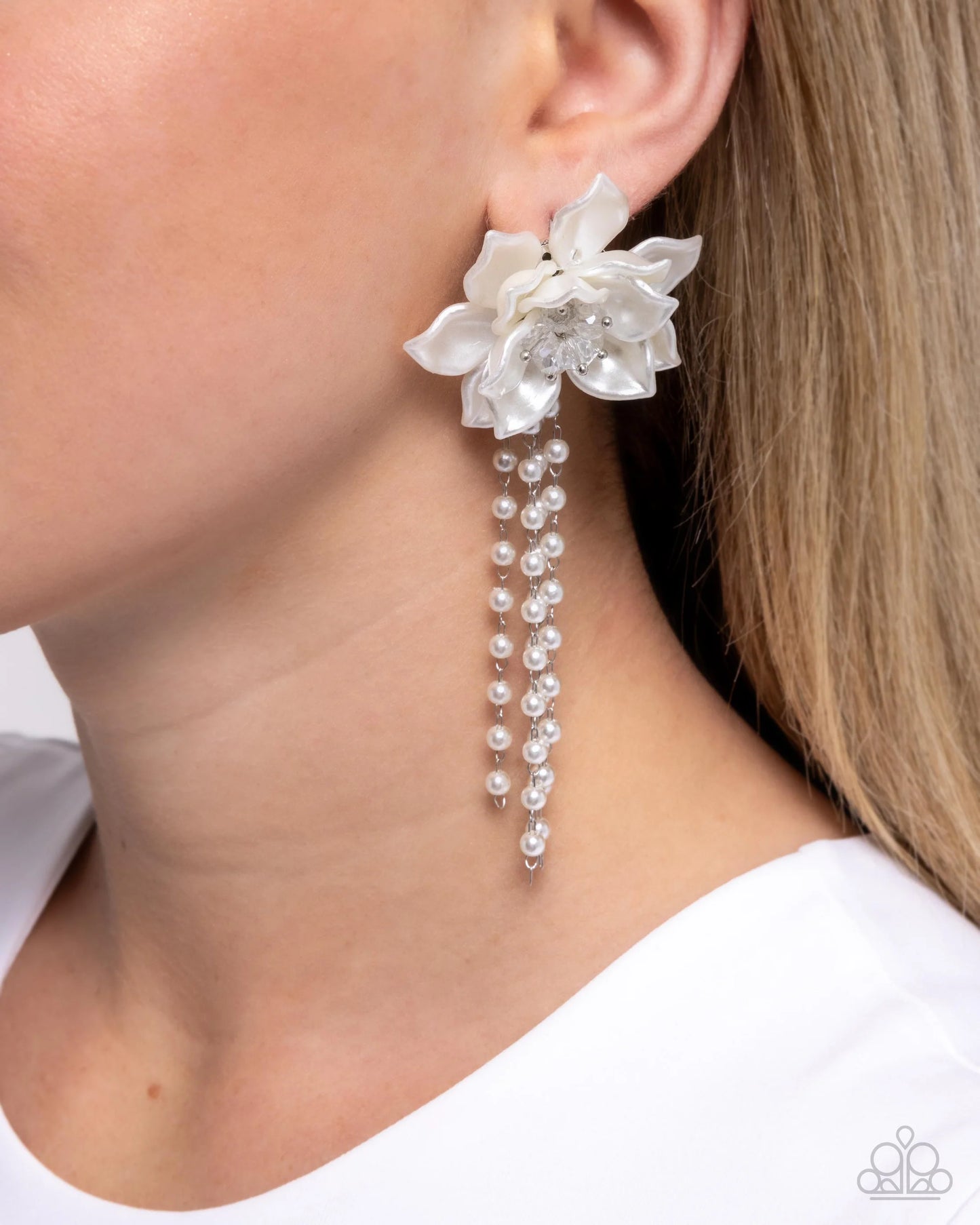 Paparazzi Lotus Length - White Flower Post Earrings