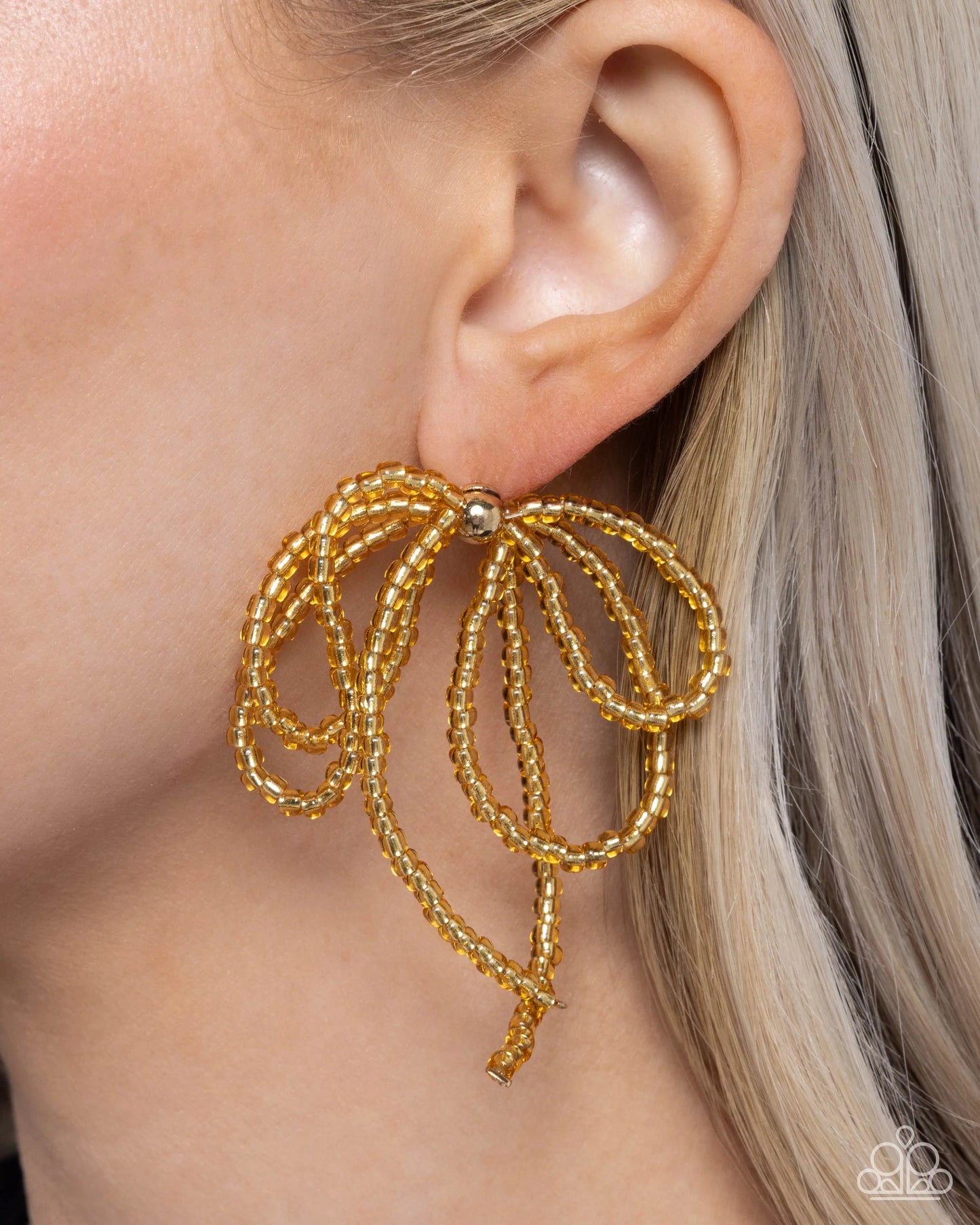 Paparazzi Sophisticated Sprinkle - Gold Bow Seed Bead Earrings