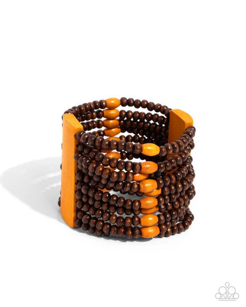 Paparazzi Tropical Trendsetter - Orange and Brown Wooden Bracelet