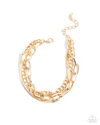 Paparazzi Mismatched Maverick and Mechanic - Gold Complete Look 2 Piece Set - Necklace and Bracelet