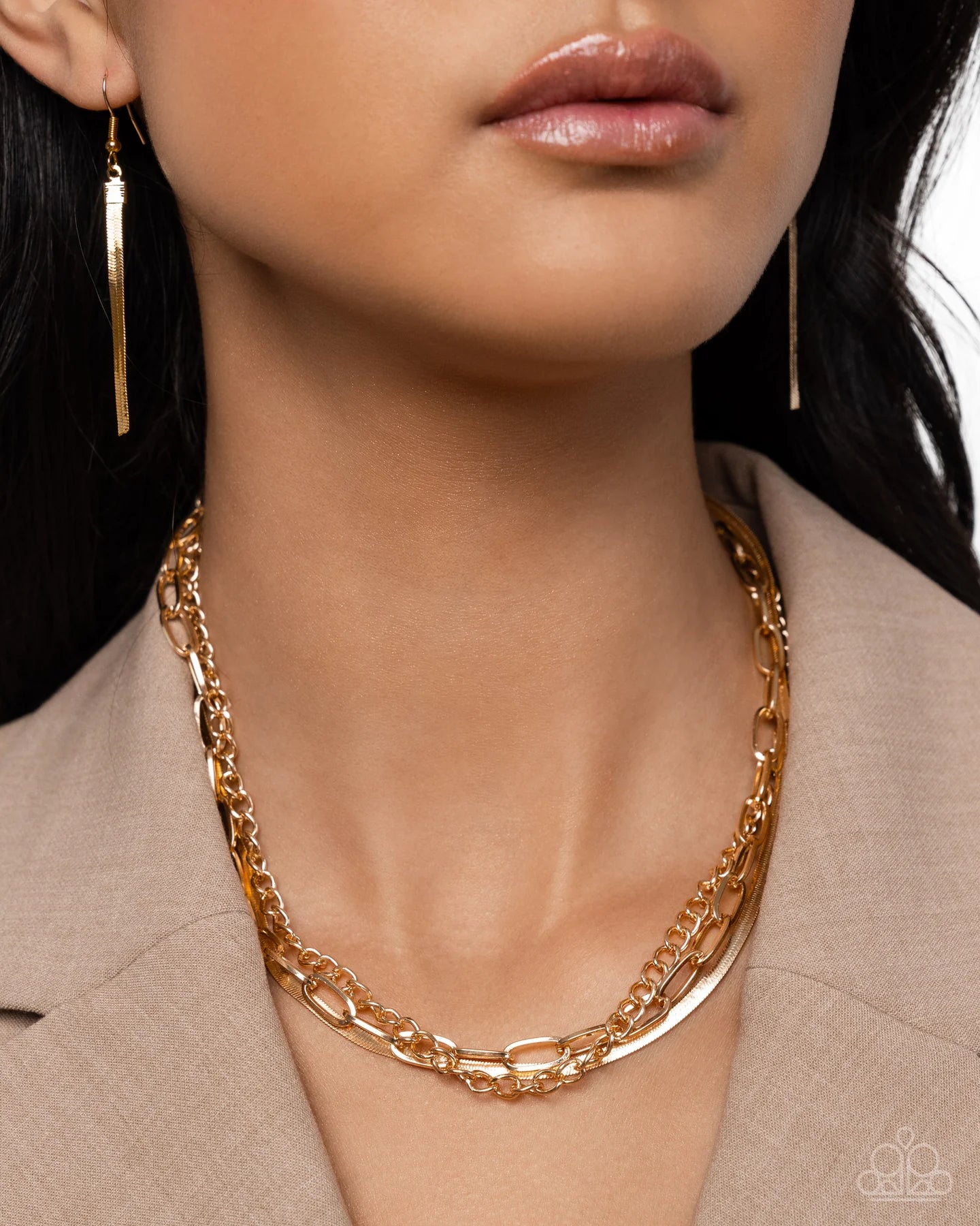 Paparazzi Mismatched Maverick and Mechanic - Gold Complete Look 2 Piece Set - Necklace and Bracelet
