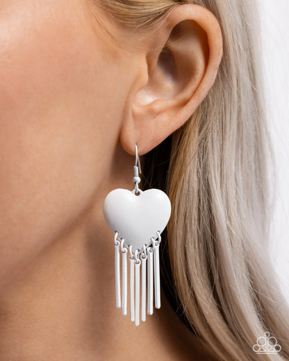 Paparazzi Flirty Fringe - White Heart Earrings