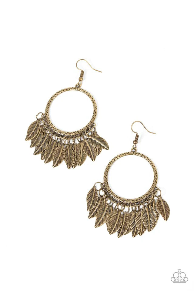 Paparazzi FOWL Tempered - Brass Leaf Earrings