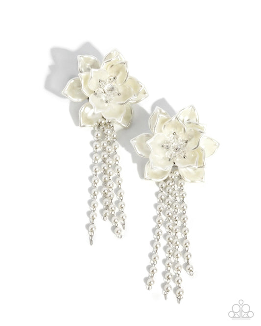 Paparazzi Lotus Length - White Flower Post Earrings