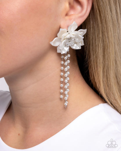 Paparazzi Lotus Length - White Flower Post Earrings