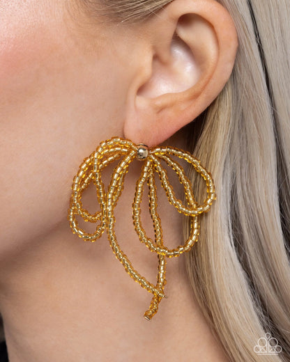 Paparazzi Sophisticated Sprinkle - Gold Bow Seed Bead Earrings