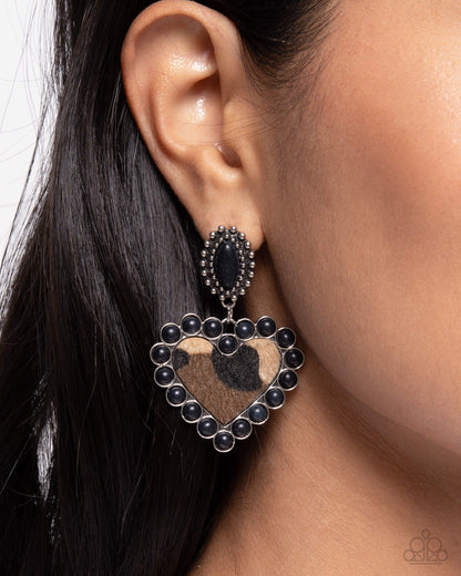 Paparazzi Whimsical Wrangler - Black Animal Print Heart Earrings