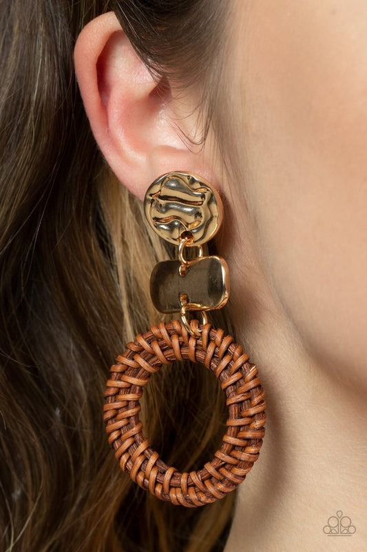 Paparazzi Woven Whimsicality - Gold Brown Earrings