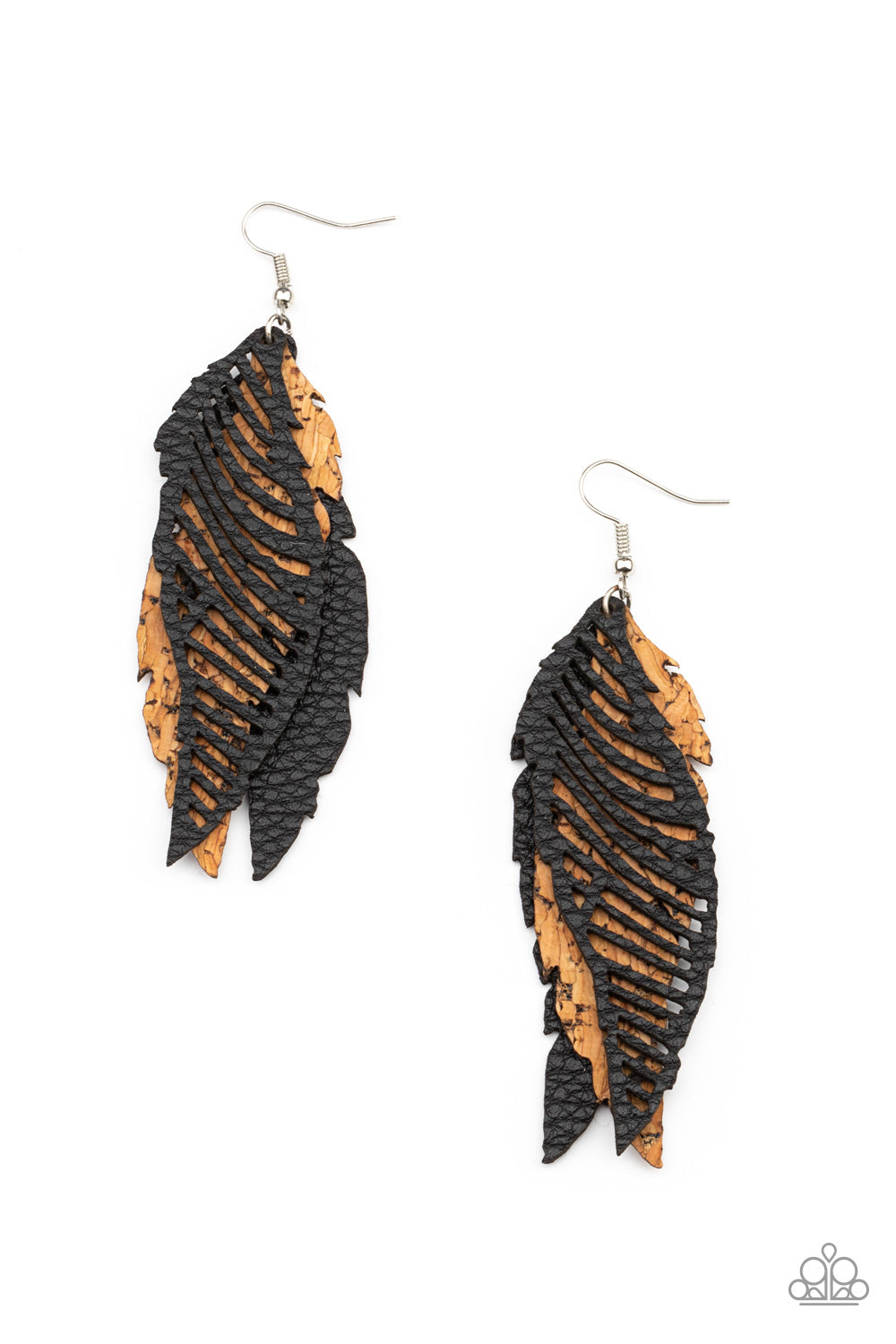 Paparazzi WINGING Off The Hook - Black Cork Leather Earrings