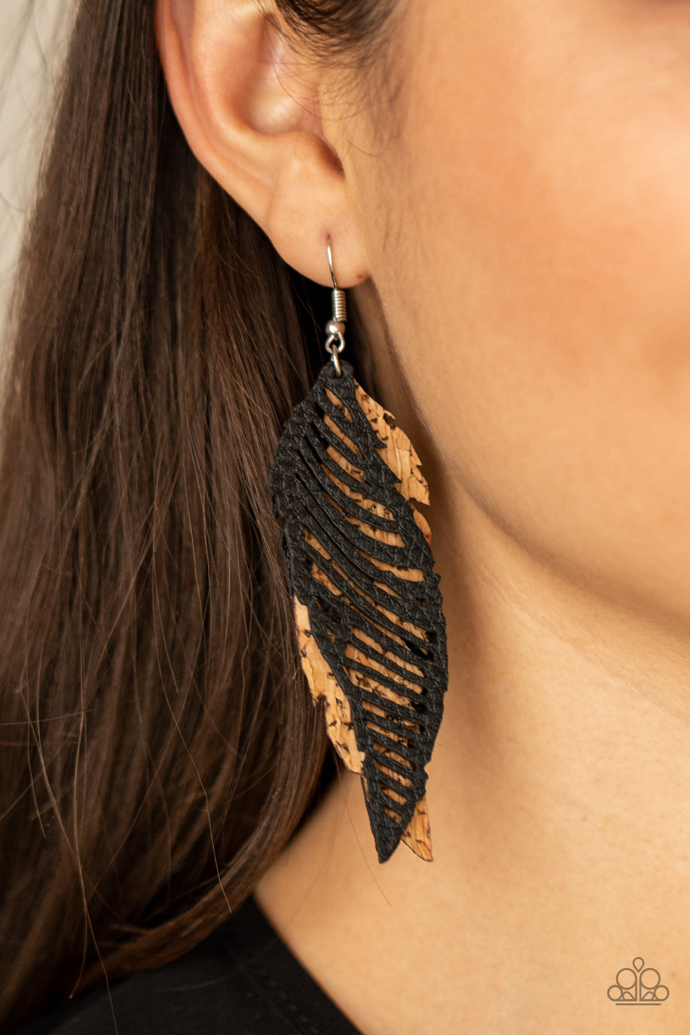 Paparazzi WINGING Off The Hook - Black Cork Leather Earrings