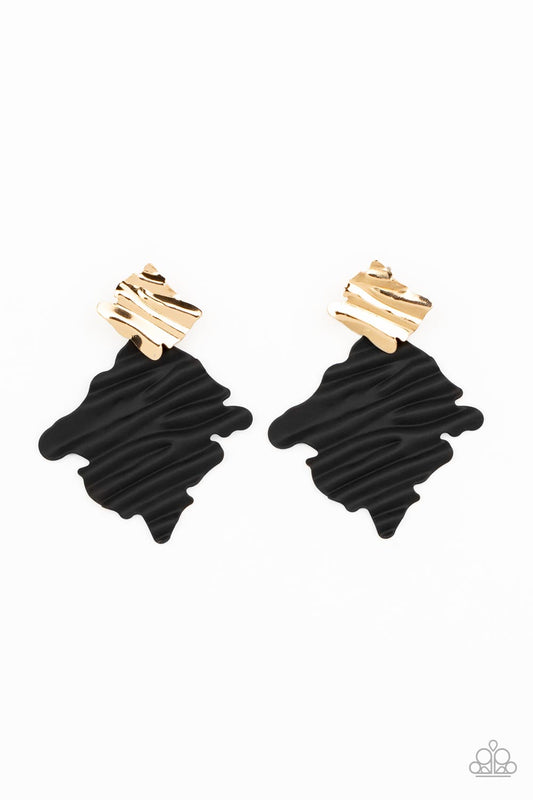 Paparazzi Crimped Couture - Gold Black Post Earrings